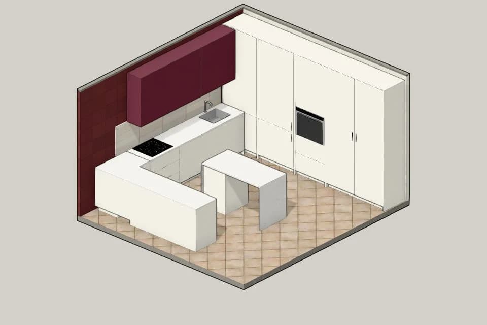 Cocina en U con alacenas borgoña, torres marfil, península en primer plano e isla angosta con guardado, sobre piso beige geométrico, hecha con módulos de rele.