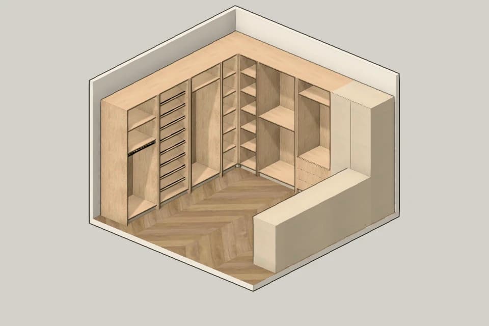 Vestidor en U en axonometría ilustrada, con módulos abiertos de roble, barrales, estantes, zapatero y un retorno de cajoneras bajas.